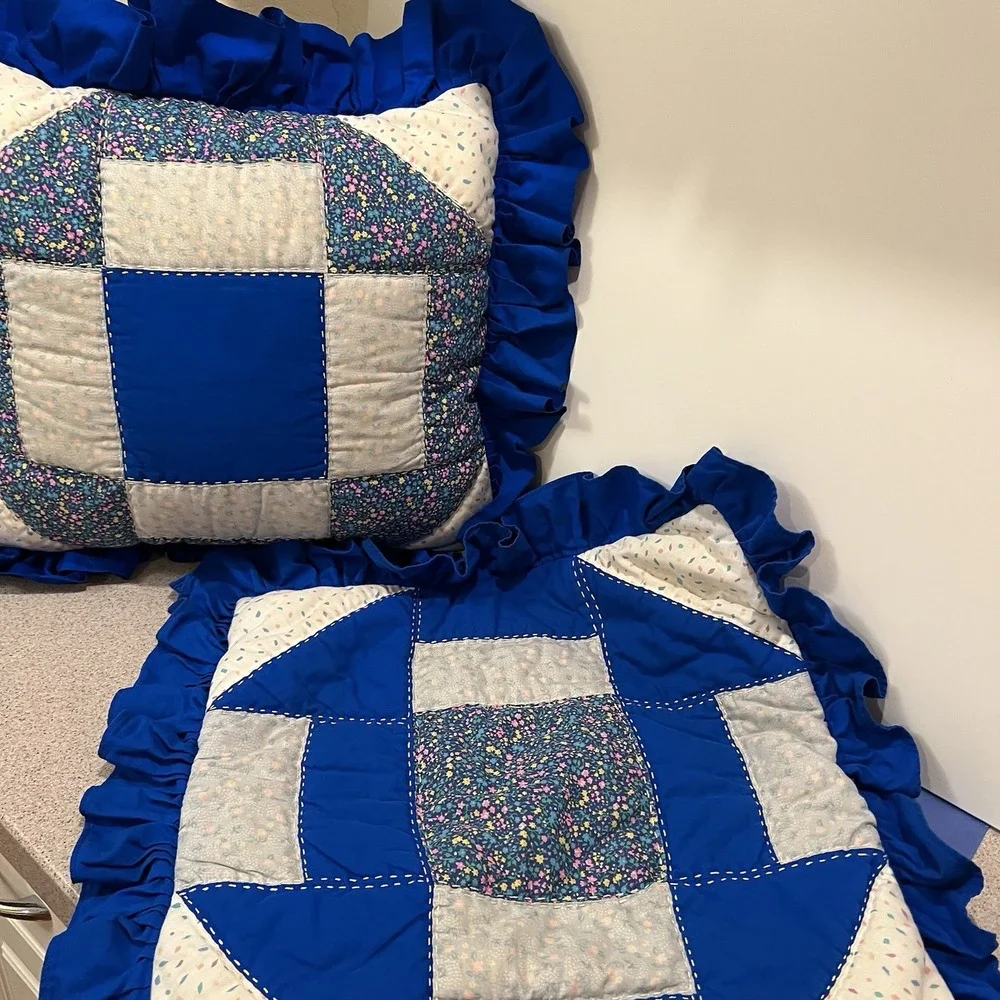 2 Handmade Vtg 80's Patchwork‎ Quilted Throw Pillow Cover Kitsch Whimsy Novelty